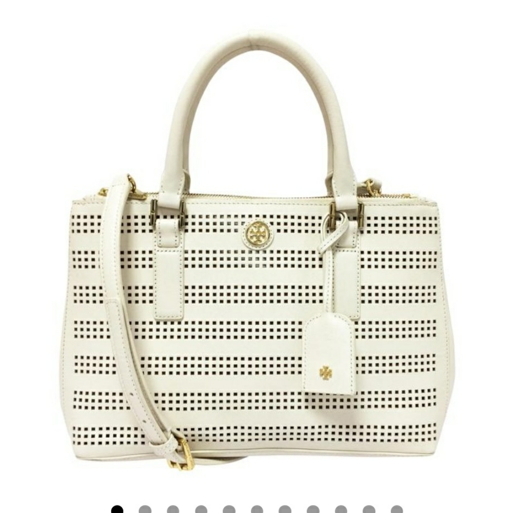 Tory Burch White Mini Double Zip Perforated Saffiano Leather Satchel